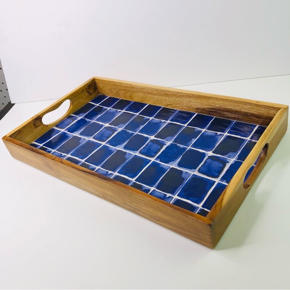 Gibson Elite Rectangle Serving Tray Dark Blue Enameled Handles Decor Display - Picture 3 of 6